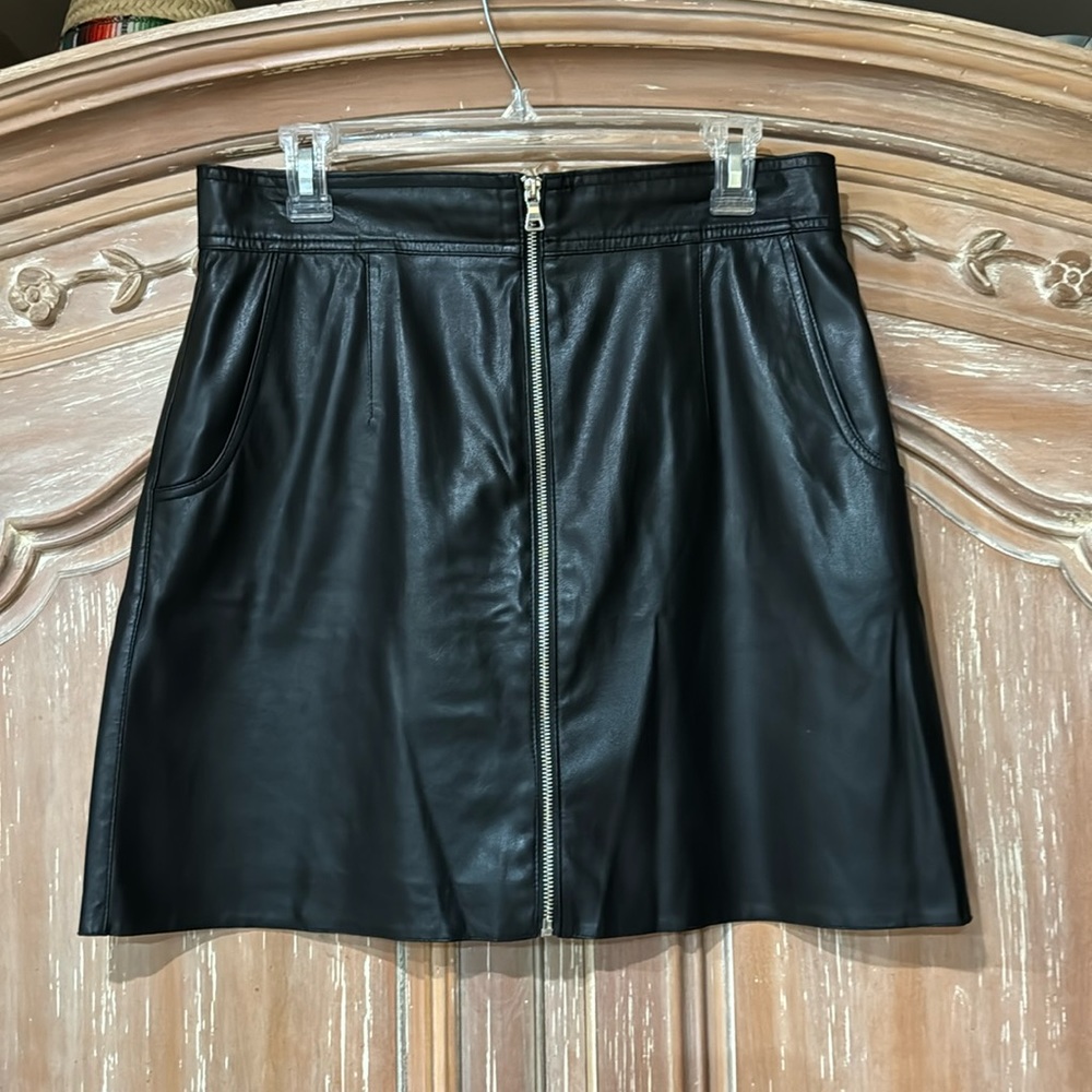 French Connection Zip Up PU Leather Black Skirt